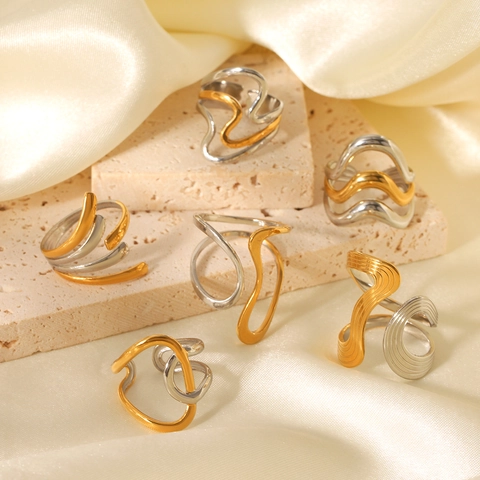 Stainless Steel Open Ring For Women Irregular Geometric Wave Liquid Minimalist Gold Silver Color Block Adjustable