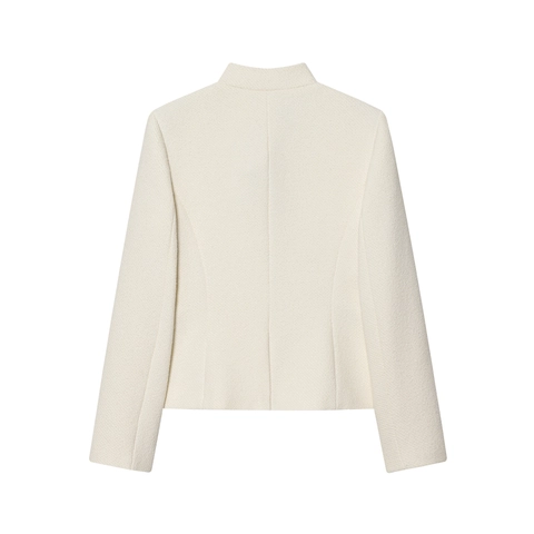 Women Elegant Tweed Jacket Stand Collar Long Sleeve Boucle Cardigan With Four Pockets Solid Milk White Outerwear