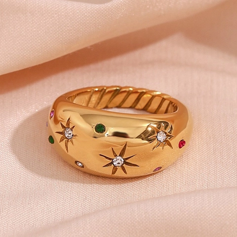 Vintage Edelstahl Gold Plattiert Kuppel Ring Mit Bunten Strass Stern Muster Für Damen Mode Schmuck Geschenk Ring