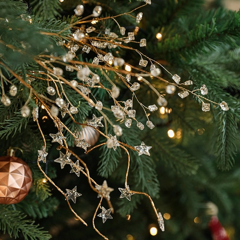 Christmas Decoration Sprigs Gold Metal Wire Transparent Star Crystal Bead Artificial Stems Holiday Party Vase Fillers