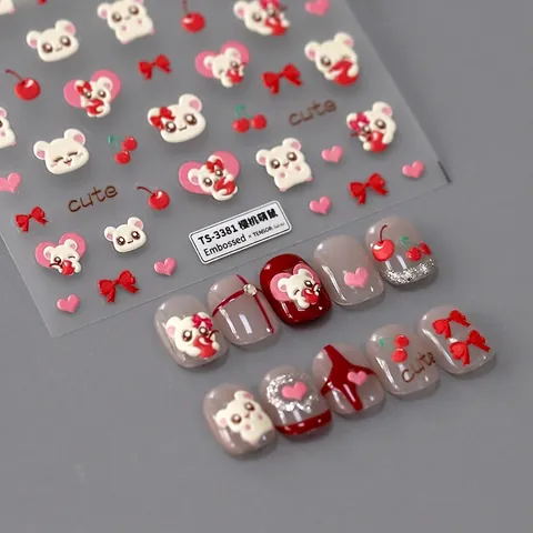 Stickers Ongles Relief 5D Motif Hamster Cerise Coeur Noeud Auto Adhésif Stéréoscopique Décoration Manucure DIY