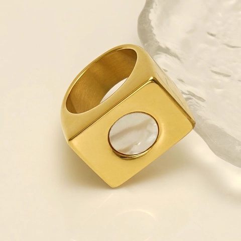 Square Signet Ring 18K Gold Plated Stainless Steel And Mother Of Artificial Pearl Chunky Polished Circular Shell Inlay Statement