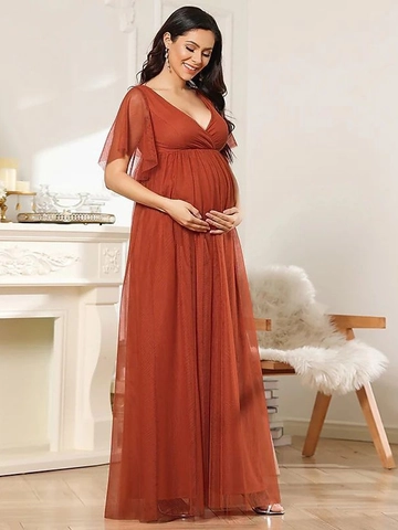 Umstandsabendkleid Mesh V Ausschnitt Hohe Taille Kurze Flatterärmel Elegante Lange Schwangerschaftsrobe