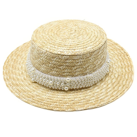 Cappello Di Paglia Boater Elegante A Tesa Larga Finitura Con Künstliche Perle Bianche Protezione Solare Vacanze Al Mare Stile Retrò