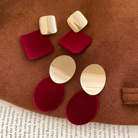 Retro Red Flocked Geometric Stud Earrings With Silver Earring Post Vintage Gold Metal Square Oval For Women