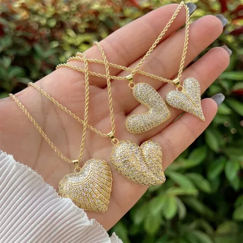Collana Con Ciondolo A Cuore Rame Placcato Oro 18K Zirconia Cubica Pavé Catena A Corda Gioielli Per Donne