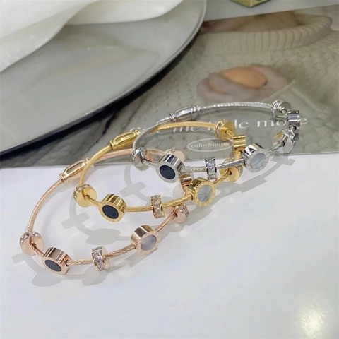 Fashion Roman Numeral Titanium Steel Bangle For Women Rhinestone Artificial Pearl Cable Wire Twisted Cuff Bracelet Jewelry Gift 136