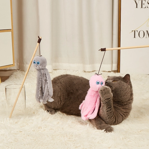 Octopus Cat Teaser Wand With Wooden Pole Plush Interactive Toy For Kittens And Cats Simulation Design With Bell