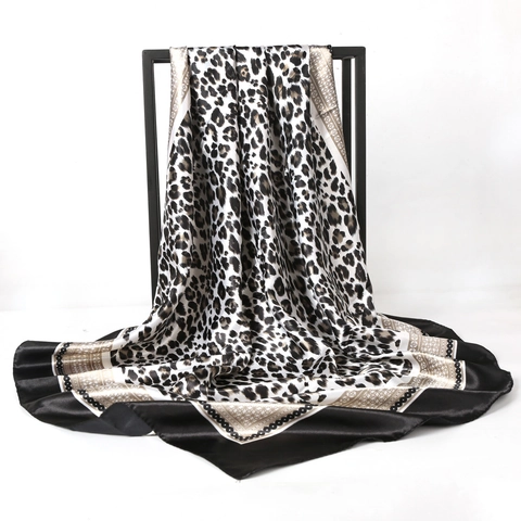 Leopard Print Square Scarf Satin Satin-Like Large Head Scarf Hair Bandana Fashion Streetwear Accessory For Women
