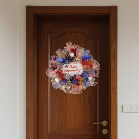 Ghirlanda Patriottica Giorno Dell'Indipendenza Rosso Bianco Blu Maglia Decorazione Porta Con Segno E Stelle