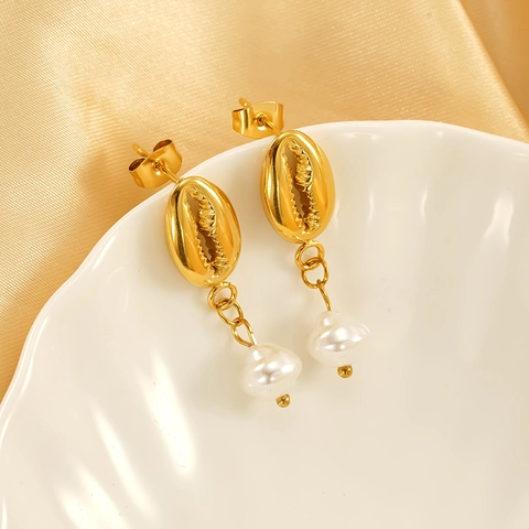 Pendientes Colgantes De Concha Cowrie Bañados En Oro De 18K Acero Inoxidable 304 Con Perla Artificial De Imitación Estilo Playa