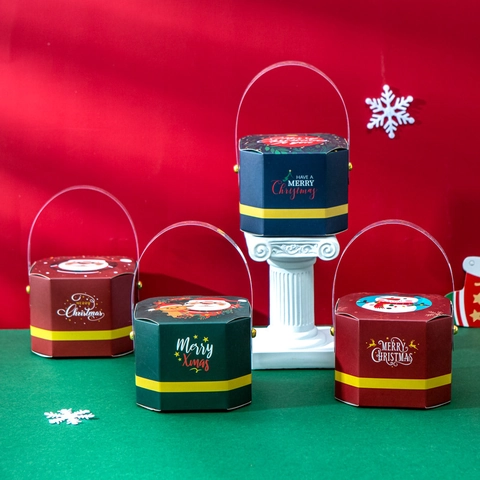Scatola Regalo Di Natale Portatile Ottagonale Carta Confezione Caramelle Manico Trasparente Cartone Babbo Natale Pupazzo Di Neve