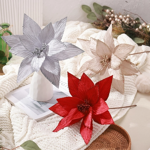 Glitzernde Künstliche Weihnachtsstern Blumen Samt Stoff Langer Stiel Feiertag Haus Dekoration Party Baum Schmuck