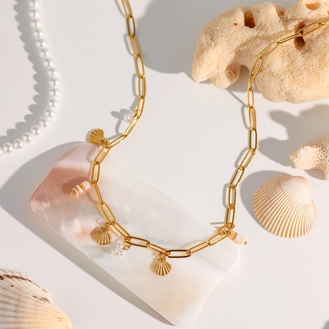 Collar De Acero Inoxidable Con Colgantes De Concha Y Perlas Artificiales Sintéticas Estilo Océano Playa Cadena De Clip Para Mujeres