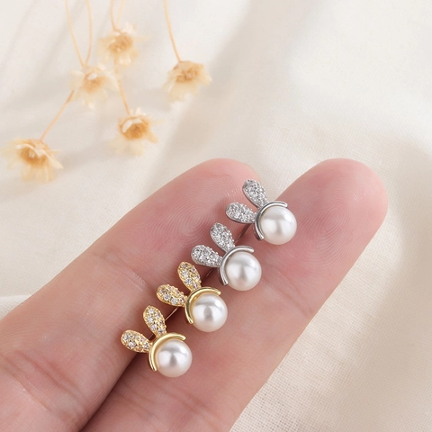Konijn Oorknopjes Van Koper Met Imitatie Kunstparel En Zirkoon 925 Sterling Zilveren Oorsteker Voor Vrouwen Zoete Stijl