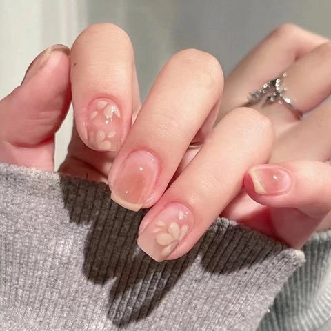 Press On Nägel Pinker Farbverlauf Weißes Sakura Blumen Design Kurze Eckige Runde Form Glänzend Süßer Stil Frauen Abnehmbar