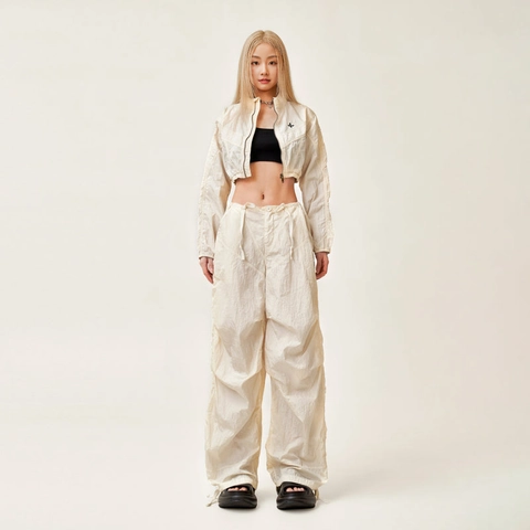 Pantaloni Paracadute Donna Vita Alta Gamba Larga Cargo Nylon Leggero Coulisse Streetwear Bianco Neve