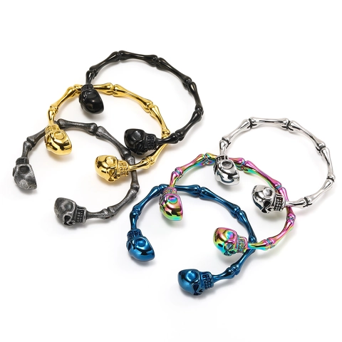 Brazalete Cráneo Hueso Punk Acero Inoxidable Retro Hip Hop Goth Abierto Para Hombres Mujeres