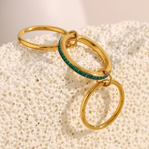 Stapelbare Ineinandergreifende Ringe 18K Vergoldet Edelstahl Quadratischer Grüner Zirkon Retro Eleganter Schmuck Für Damen