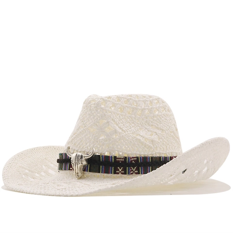 Cappello Da Cowboy In Paglia Intreccio Cavo Traspirante Cappello Da Sole Estivo Con Fascia Etnica Decoro Teschio Di Toro