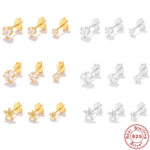 925 Sterling Silver Zirconia Stud Earrings Star Starfish Geometric Tiny Stackable Minimalist Jewelry For Women Girls