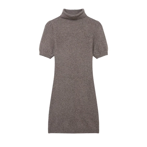 Women High Neck Knitted Mini Dress Short Puff Sleeve Bodycon Solid Color Chic Elastic Polyester Elegant Slim Fit