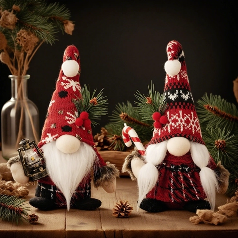 Ornements De Gnome De Noël Poupée Sans Visage En Peluche Tricotée Elfe De Forêt Nordique Avec Lanterne LED Et Canne En Sucre