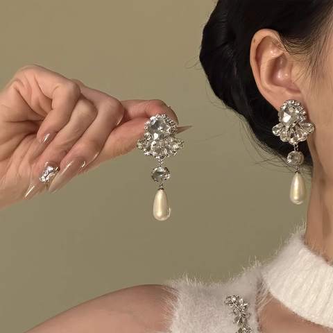 Pendientes Colgantes De Aleación Con Flor De Strass Imitación Perla Artificial De Gota Y Poste De Plata De Ley 925 Retro Francés
