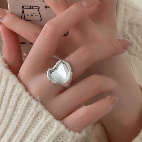 925 Sterling Silver Irregular Abstract Heart Ring Molten Liquid Metal Style Open Adjustable Finger Jewelry For Women