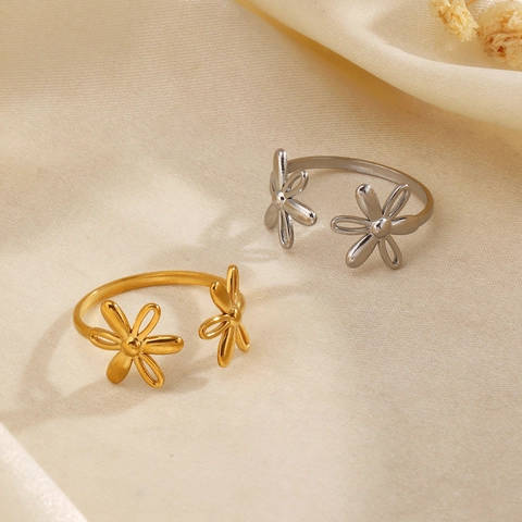 Daisy Flower Open Ring Stainless Steel Adjustable Double Floral Minimalist Finger Jewelry Fashion Gift For Women