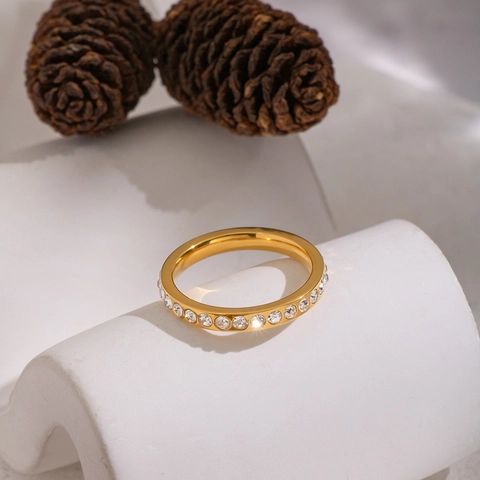 Geometric Circle Ring Stainless Steel Zircon Inlaid Gold Plated Non-Tarnish Hypoallergenic Elegant Jewelry For Women