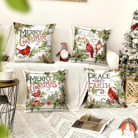Christmas Decorative Pillow Covers Red Cardinal Faux Linen Polyester Cushion Cases Holiday Joy Print Home Living Room
