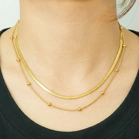 Doppelschichtige Halskette 18K Vergoldeter Edelstahl Schlangenkette Und Perlenkette Minimalistischer Schmuck Geschenk Damen