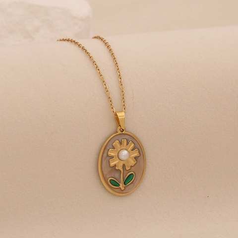 Vintage Sunflower Pendant Necklace Stainless Steel Enamel Flower Oval Charm With Imitation Artificial Pearl Gold Plated For Women