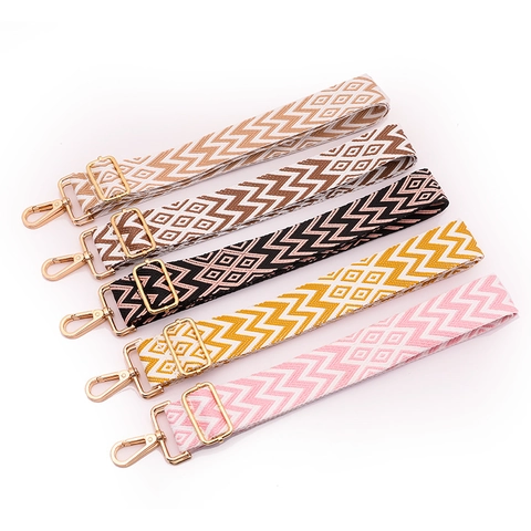 Wide Replacement Bag Strap Bohemian Ethnic Pattern Adjustable Woven Nylon Shoulder Belt Gold Metal Buckle
