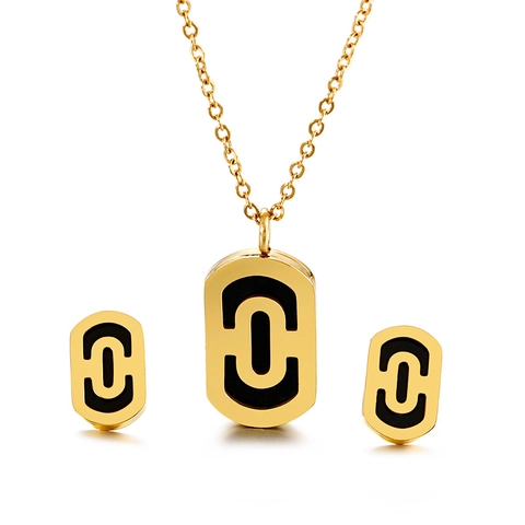 Bijoux Collier Et Boucles D'Oreilles En Acier Inoxydable Émail Noir Pendentif Rectangulaire Géométrique Design Minimaliste Moderne Femmes