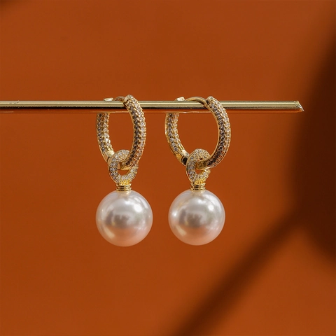 Elegant Copper Artificial Pearl Drop Earrings With 14K Gold Post Micro Pave Rhinestone Geometric Earrings For Women Jewelry