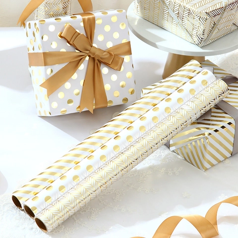 Luxurious Hot Stamping Gold Gift Wrapping Paper Roll Coated Paper Polka Dot Stripe Chevron For Birthday Wedding Valentine