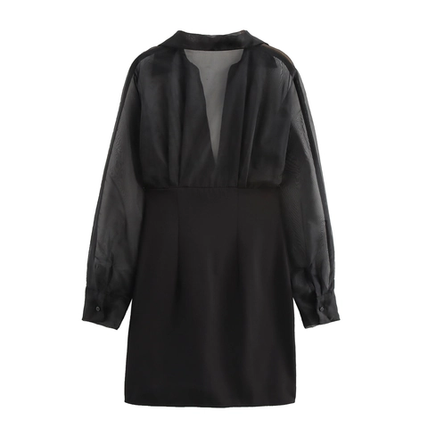 Elegante Dames Sexy V-Hals Lange Mouw Mini-Jurk Organza Patchwork Mesh Bodycon Party Avond Zwart Hoge Taille Rits