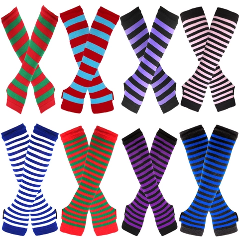 Striped Knit Arm Warmers Fingerless Gloves With Thumb Hole Long Sleeves For Cosplay Halloween Christmas Fashionable Hand Covers