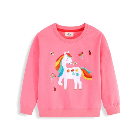 Sweatshirt À Manches Longues Pour Filles Coton Peigné Broderie Licorne Arc-En-Ciel Pull À Col Rond Pour Enfants