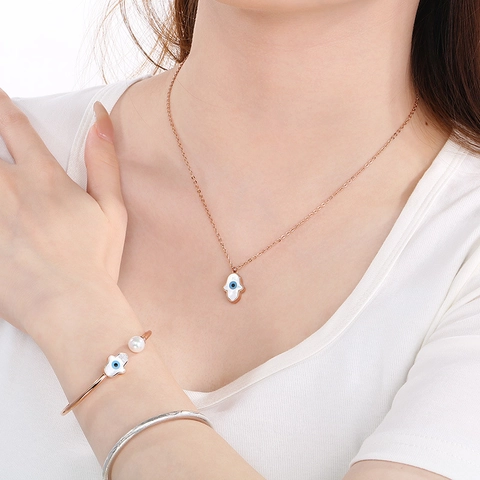 Edelstahl Böser Blick Halskette Armreif Ohrringe Herz Hamsa Hand Muschel Einlage Künstliche Perle Schmuck Für Frauen