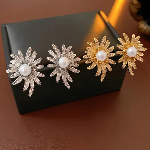 Orecchini A Lobo Girasole Con Zircone Perla Artificial Imitazione E Perno In Argento Sterling 925 Stile Retrò Francese Donna