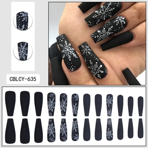 Navidad Uñas Postizas Largas De Ataúd Mate Negro Blanco Copo De Nieve Invierno Festivo Nail Art Manicura Artificial