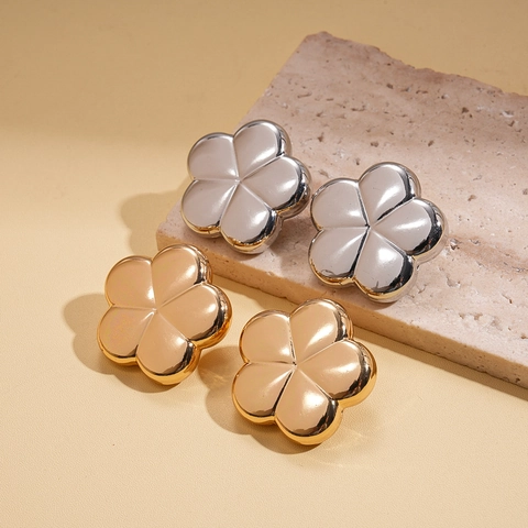 Large Five Petal Flower Stud Earrings With Steel Earring Post Mirror Finish Elegant Metal Jewelry For Women