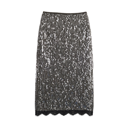 Gonna Midi In Paillettes Con Bordo In Pizzo Argento Brillante Gonna A Tubino Aderente Per Donna Festa Sexy Streetwear