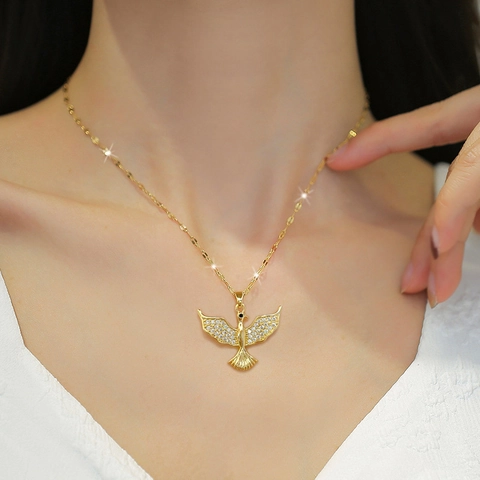 Collana Pendente Uccello Catena Acciaio Titanio Rame Micro Zirconia Gioielli Eleganti Per Donna