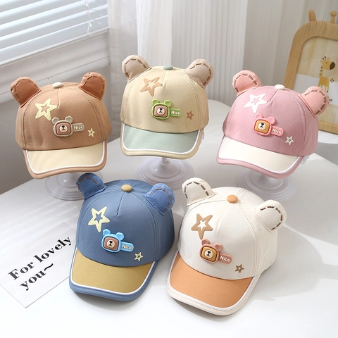 Simpatico Cappello Da Baseball Per Bambini In Cotone Traspirante Parasole Tesa Curva Orecchie Di Orso Cartone Animato Motivo A Stelle Per Neonati