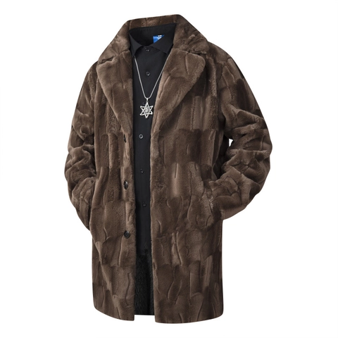 Men Long Faux Fur Overcoat Thickened Warm Winter Jacket Lapel Collar Block Textured Outerwear