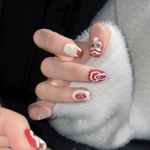 Press On Nails Chinese New Year Lion Dance Design 3D Relief Faux Artificial Pearl Glitter Red White Elegant Handmade For Women
